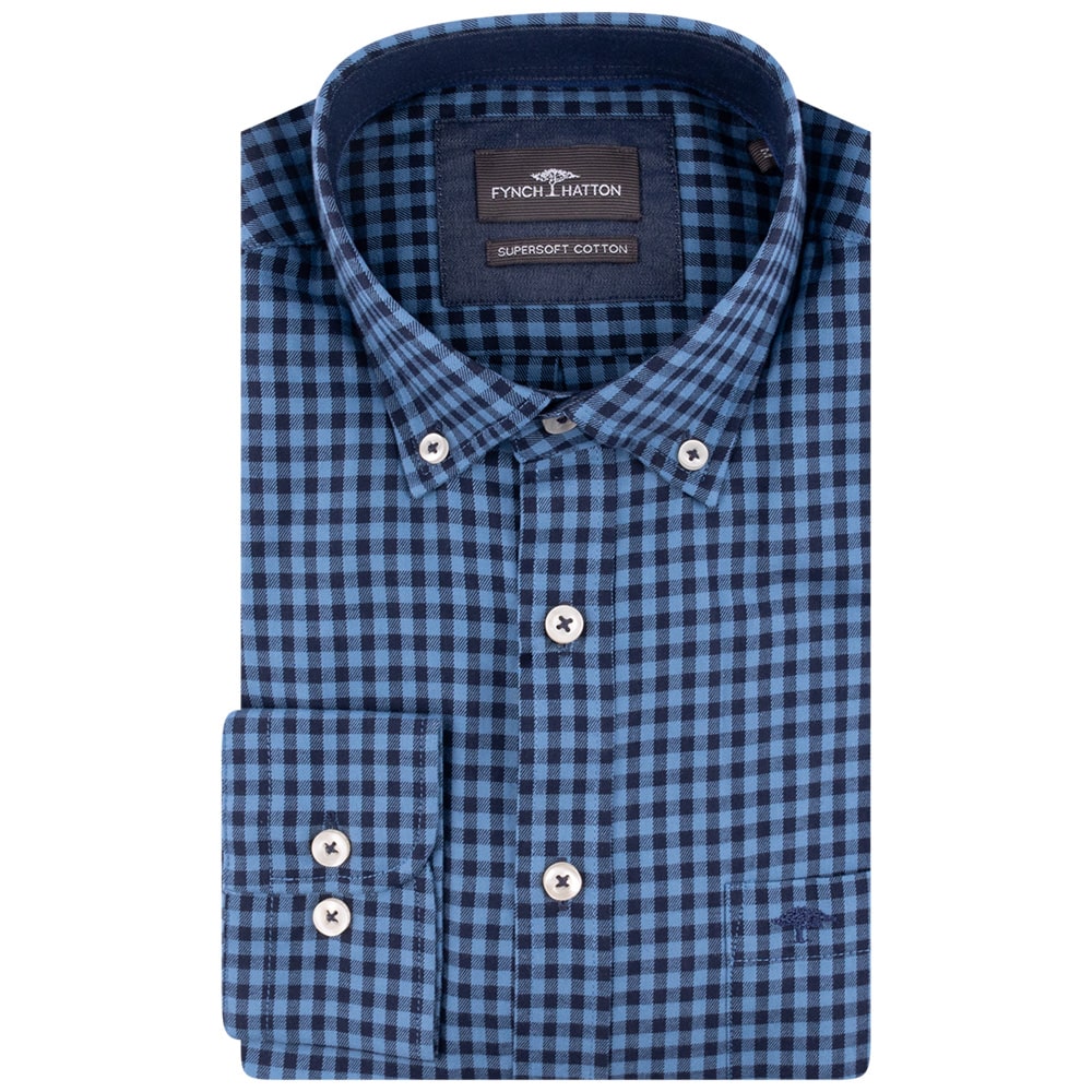 Fynch-Hatton Μπλε Πουκάμισο Button Down Καρό - 1410  8040