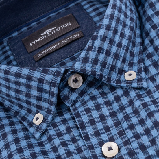 Fynch-Hatton Μπλε Πουκάμισο Button Down Καρό - 1410  8040