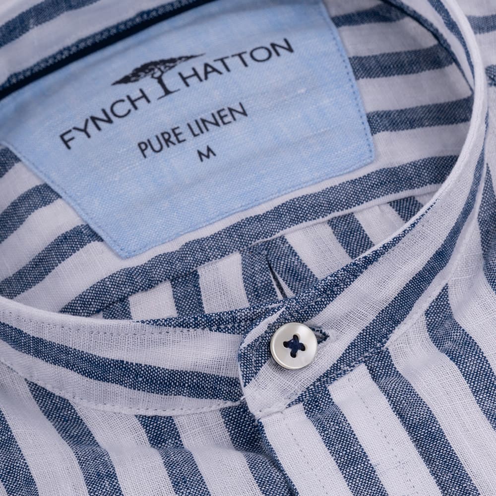 Fynch-Hatton Λευκό/Μπλε Ριγέ Πουκάμισο Mao 100% Λινό - 1413  6028