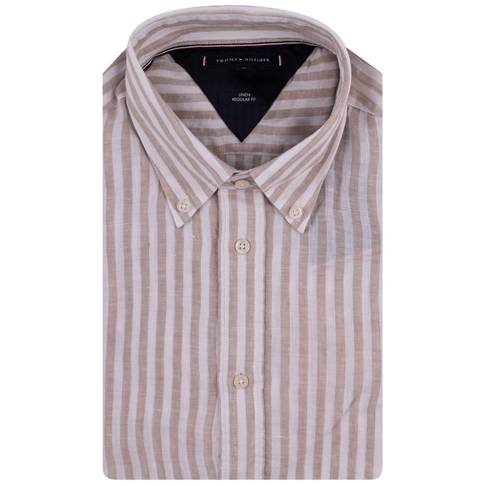 Tommy Hilfiger Μπεζ/Λευκό Ριγέ Πουκάμισο Button Down 100% Λινό - MW0MW34646