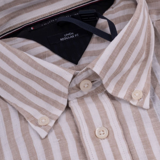 Tommy Hilfiger Μπεζ/Λευκό Ριγέ Πουκάμισο Button Down 100% Λινό - MW0MW34646